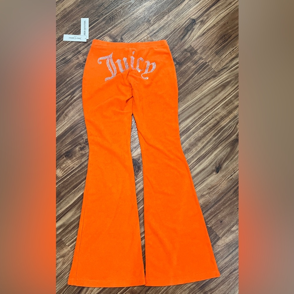 Juicy Couture Orange Rhinestone Terrycloth Flared Pants.